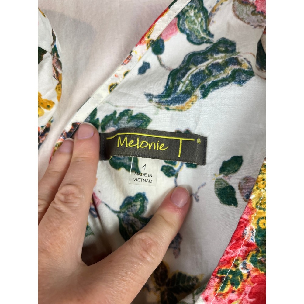 Melonie T Floral Drop Waist Tiered Midi Dress White Multi Cotton Blend Size 4 - Picture 2 of 6